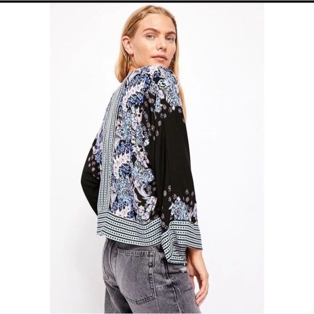 Free People Mix Match Cropped V Neck Kimono Style Top Black Combo L Hippie Boho
